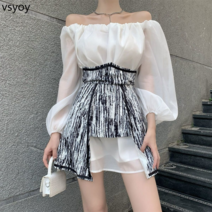 vsyoy 2023 새로운 외국 스타일 연령 감소 기질 그물 레드 프라이드 스트리트 전문 시폰 드레스 2 피스 세트 여성의 봄과 여름