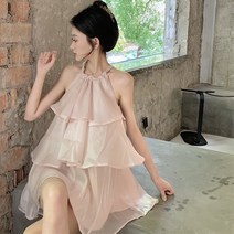 여름 실제 사진 오프 숄더 민소매 러플 홀터넥 쉬폰 드레스 여성용 달콤한 핑크 짧은 휴일