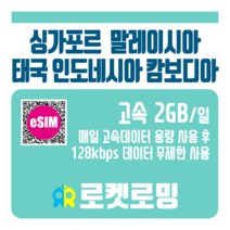 로켓로밍 싱가포르 말레이시아 태국 인도네시아 캄보디아 매일 2GB 무제한데이터 ND 로켓eSIM, 8일