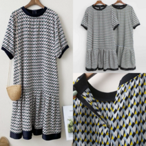 쉬원한 밑단프릴 패턴 루즈핏 라운드 반팔 원피스