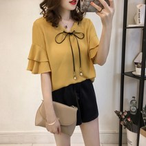 가바바 여성 블라우스 개나리색을 닮아 예쁜 리본 포인트 데일리 여름 블라우스 G37592