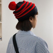 줄무늬 방울모 겨울 여성 기모 패션 비니 방한 모자 털모자 여성 겨울 패션모자 비니모자 방울비니