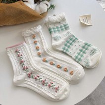 꽃무늬 레이즈 자수 면 양말 1