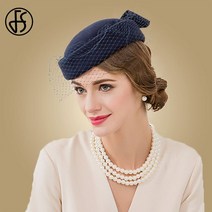 FS 빈티지 로얄 블루 울 펠트 필 박스 모자 우아한 여성을 위한 매혹적인 웨딩 베레모 모자 베일 페도라 숙녀 교회 모자 311eEA9a5