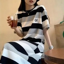 꽃소담 여성 h라인 스트라이프 반팔 롱티셔츠 원피스 ~5XL QQA638