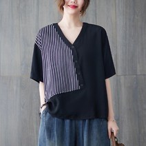 나드리 여성 시원한 빅사이즈 줄무늬 스티치 배색 반팔 티셔츠