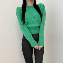 VANANA2 여성 귀욤 패턴 캐주얼 기본템 데일리룩 숄더 퍼프 소매 시보리 골지 꾸안꾸 숏 라운드넥 긴팔 니트 스웨터 긴팔티