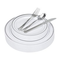 125피스 화이트 및 블루 팬시 플라스틱 접시 일회용 실버웨어 포함 결혼식 휴일 파티 중국을 위한 우아한 식기류 디너 25개 + 샐러드 세트 스푼 25개 포크 나이프 4, Silver Floral