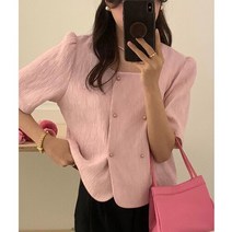 포근한가디건 Kimotimo 여성 더블 브레스트 반소매 셔츠 여름 스퀘어 칼라 텍스처 루즈 탑 세련된 4836997732
