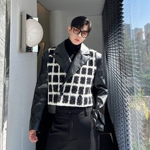 SYUHGFA-짧은 스타일 PU 가죽 패치 워크 트위드 자켓 남성용 한국 스트리트웨어 느슨한 코트 2023 가을 겨울