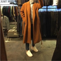 JUST FEEL!NG 남성 롱 드롭 숄더 무릎밑 모직코트 빅사이즈 오버핏 핸드메이드코트 벨티드 오픈 캐시미어 코트 롱무지 코트