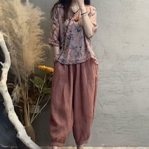 여성 삼베 모시 자수 상의 여자 중년 린넨 잠옷 파자마 상하의 세트 블라우스 여름 생활 개량 생활 한복 바지 팬츠 절복 면마 법복 옷 의상 빅사이즈 홈웨어