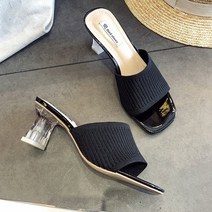 프리티슈 여성 스퀘어토 투명굽 니트 미들힐 뮬 슬리퍼 샌들 (6cm)