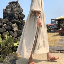 레이디 매직(lady magic) 여성스러운 오버핏 벌룬소매 린넨 마 빈티지 롱원피스