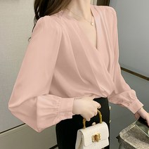 여성용 구김적은 브이넥 랩 긴팔 블라우스