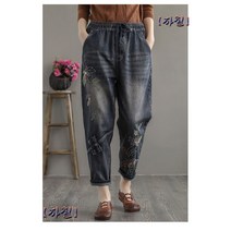 복고풍 플라워 꽃무늬 자수 청바지 데님팬츠 여성 독특한 빈티지 유니크한 배기핏