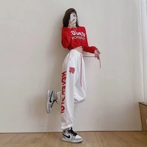 여성 밴딩 레터링 와이드 조거 트레이닝 팬츠 재즈 힙합 댄스 연습 바지 흰색 20대