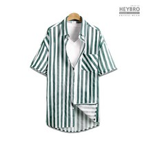 헤이브로 남성 반팔 스트라이프 아사 셔츠 남방 스탠다드그린