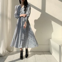 넷투넷코리아 여성 롱 원피스 밴딩 브이넥 플라워패턴 쉬폰 플리츠