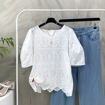 행복여 에스닉 자수 펀칭 레이스 벌룬 소매 블라우스