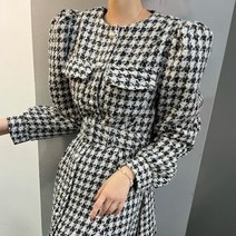 하운드투스 체크 여성 트위드 원피스 한국 시크 퍼프 소매 분위기 있는 스몰 럭셔리 허리라인이 들어간