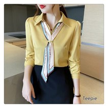 티피/Teepie 흰색 쉬폰 셔츠 여성용 전문 스타일 V 넥 탑