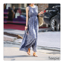 티피/Teepie여성 여름 시크하고 엘레강스한 허리라인 박시 라운드 끈 플라워 면 실크 롱 슬리브리스 원피스