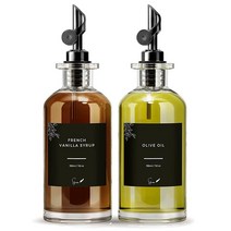 Apothecary 주방용 올리브 오일 디스펜서 병 - 프리 스파우트 라벨 40개 및 깔때기 - 커피 시럽 디스펜서 병 유리 요리 오일 및 식초 디스펜서 세트 용기 피처 양, Black, 12oz / 350ml