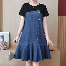 여성 여름 블랙 배색 청 데님 프릴 원피스 ..