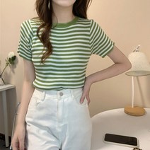 마쿠쿠 라운드넥 스트라이프 반팔 여성 슬림 골지 니트 티
