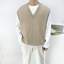남자 봄 가을 데일리 오버핏 깊은 브이넥 울 니트 조끼 베스트5color