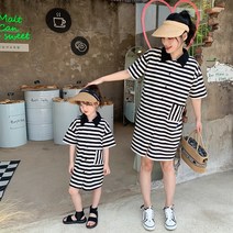 엄마랑 딸 맘커플 봄 여름 모녀 여아 키즈 아동 커플룩 반팔 스트라이프 티셔츠 원피스 등하원룩
