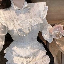 펀칭 레이스 블라우스 투피스 프릴 하이넥 캉캉 미니 스커트
