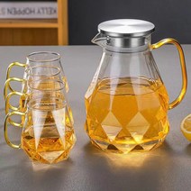 NICHIYOU 내열유리 티포트 + 다이아몬드 컵4p 세트, 티포트 1200ml +다이아몬드 컵 350ml x 4p