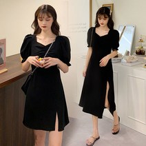 빅사이즈원피스 빅사이즈뚱뚱한 여동생 날씬해보이는 원피스 2020여름여성복 스타일 허리밴딩 트임 프랑스타입 블랙 a라인스커트 아이