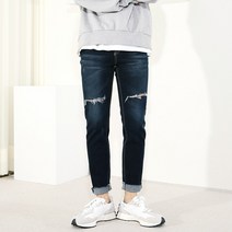 남자 스판 찢청 컷팅진 슬림 일자 핏 청바지 디스트로이드 데님