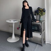 빅사이즈 여성복 블랙 햅번풍 원피스 봄 디자인 감각 스몰 레이스 패치 트임 슬림 롱스커트