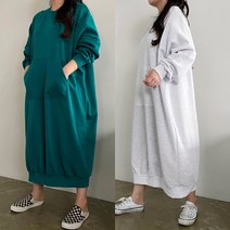 [비비애르] 캥거루 포켓 맨투맨 기모 맥시 롱 원피스 박시한 빅사이즈 주머니ops