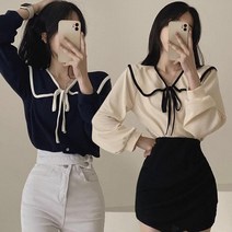 예쁜 여성스러운 포인트 리본 스타일 카라 매듭 여성 블라우스 넓은