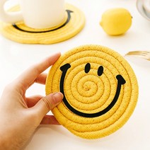 면 린넨 냄비 컵받침 식기매트 스마일 코스터 옐로S