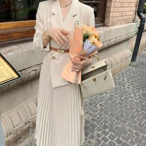 나인포시즌 엘레강 결혼식 하객룩 상견례옷차림 부케받는사람 옷 플리츠 정장 벨트 언발 롱 자켓 원피스