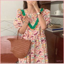 WPUY 여름 빈티지 달콤한 라운드 네크라인 패치워크 목귀 헐렁한 퍼프소매 꽃무늬 프린트 원피스녀