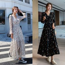 여성 예쁜 꽃무늬 패턴 브이넥 디자인 긴팔 롱 원피스 888EA 888EA