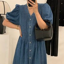 브이넥 핀턱 버튼 퍼프소매 청 데님 원피스