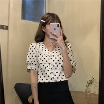 퐁순싸롱 둥근 레이스 카라 도트 땡땡이 크롭 블라우스 SY