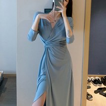 V넥 허리셔링 7부 언발란스 결혼식 하객복 드레스 랩 리본 미디 롱 원피스 L699