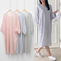 러브포텐 여성 빅사이즈 단가라 롱원피스 오벗핏 줄무늬 봄/여름 가오리핏 7부소매 박시한 롱원피스