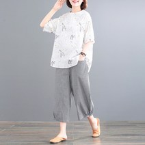 티티웍스 복고풍 자수 린넨 티셔츠 체크 무늬 7부 바지 슬리브 팬츠 상하 세트