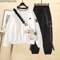 JUSTFEELING 편안한 츄리닝 세트 여성용 루즈핏 긴팔 맨투맨티 멋진 카고바지 투피스 데일리룩
