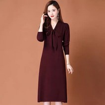 미미앤느 여성 리본넥 단색 심플 중년 외출룩 긴팔 니트 롱원피스